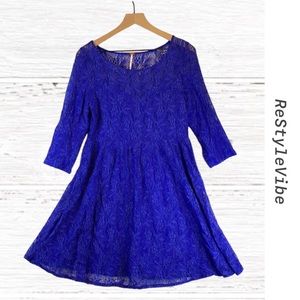 FREE PEOPLE Women’s Size M Medium Dress Lace 3/4 Sleeve Blue Mini Length
